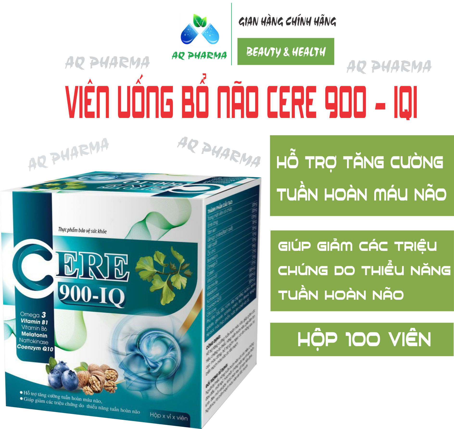 VIÊN UỐNG BỔ NÃO CERE 900 - IQ - GIÚP LƯU THÔNG TUẦN HOÀN MÁU NÃO, GIẢM NGUY CƠ TAI BIẾN MẠCH MÁU NÃO - HỘP 100 VIÊN - NAO01