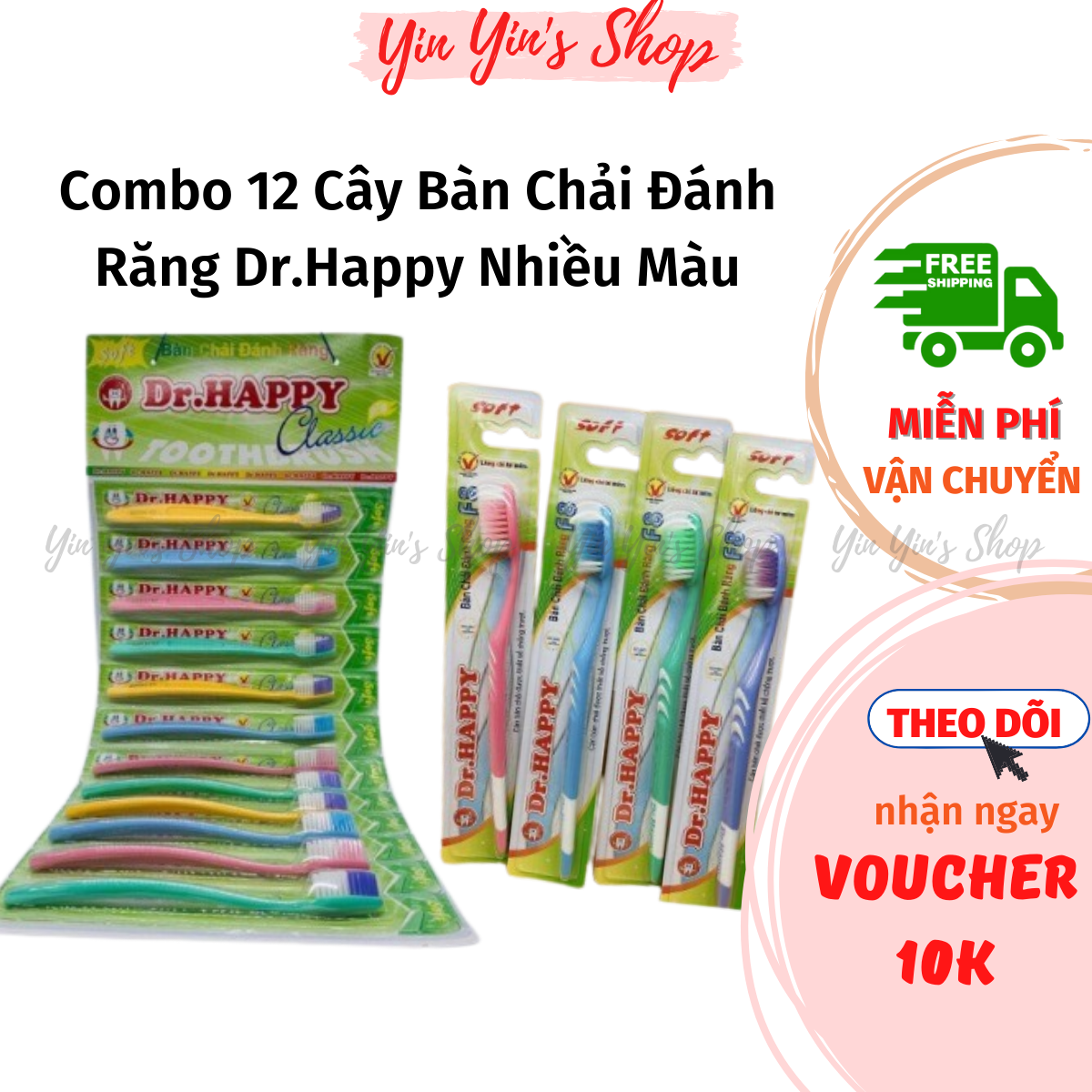 Combo 12 cây bàn chải đánh răng dr.happy nhiều màu soft