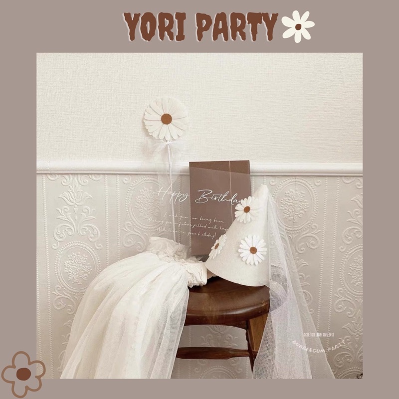 Nón mũ sinh nhật đính hoa cúc , cây cầm tay hoa cúc trang trí sinh nhật phong cách hàn quốc - yori party