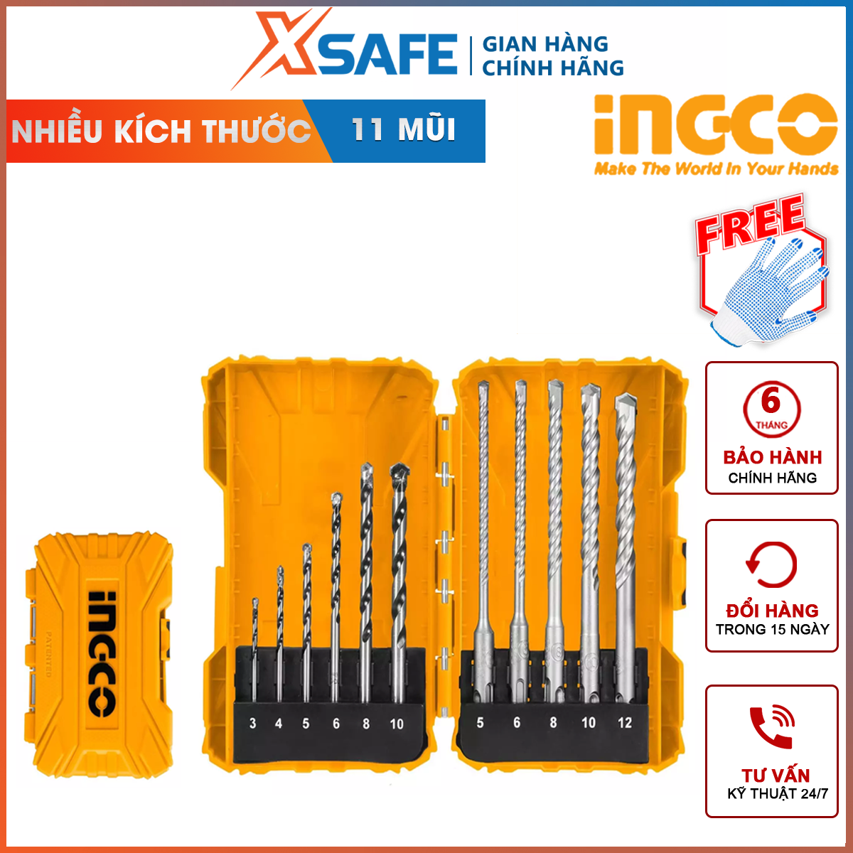 Bộ 11 mũi khoan bê tông đuôi trơn và đuôi gài ingco akdl31101 kích thước 3, 4, 5, 6, 8, 10, 12mm chuyên dùng khoan bê tông