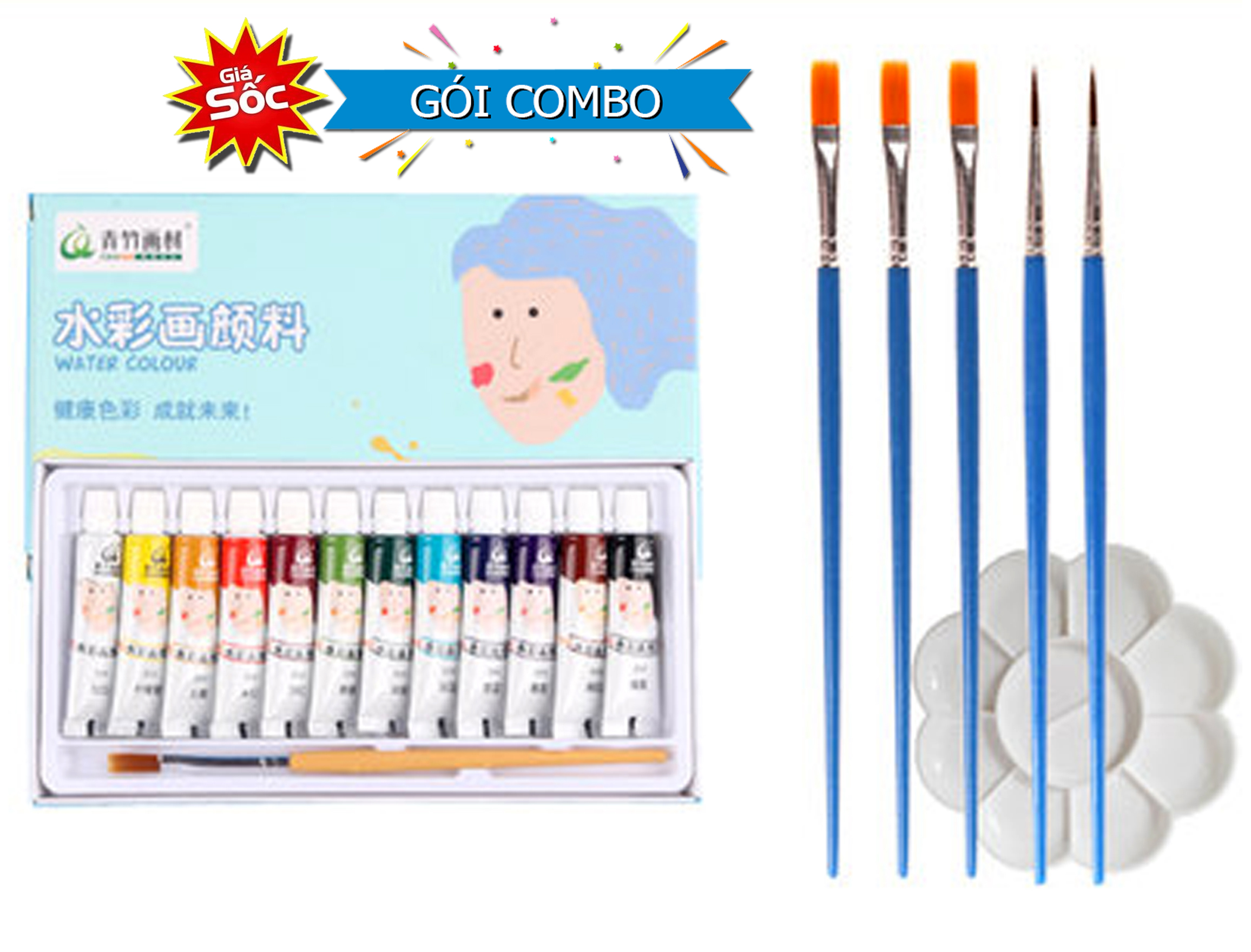 Bộ Màu Nước 5ml 12 Màu Water Colour Bột Màu Tre Xanh Không Độc Hại, Không Chứa Formaldehyde -Tặng Kèm 3 Cọ Vẽ Tranh , 2 Bút Tỉa & 1 Bảng Nhựa Tròn Pha Màu