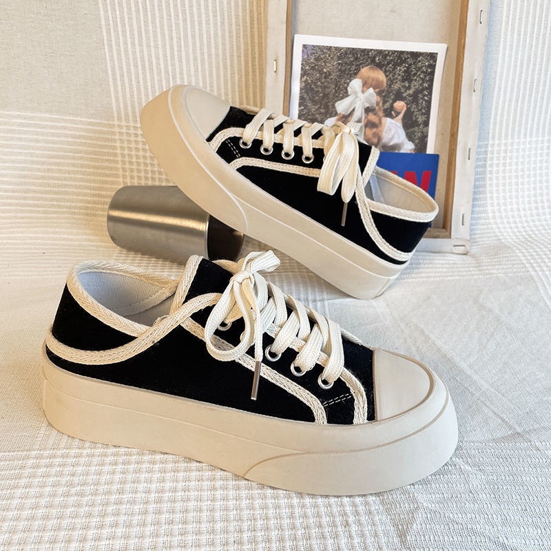 Giày thể thao nữ chất liệu vải canvas 2 màu đen trắng họa tiết bo viền 2022 cao 4-5cm  Lù Store