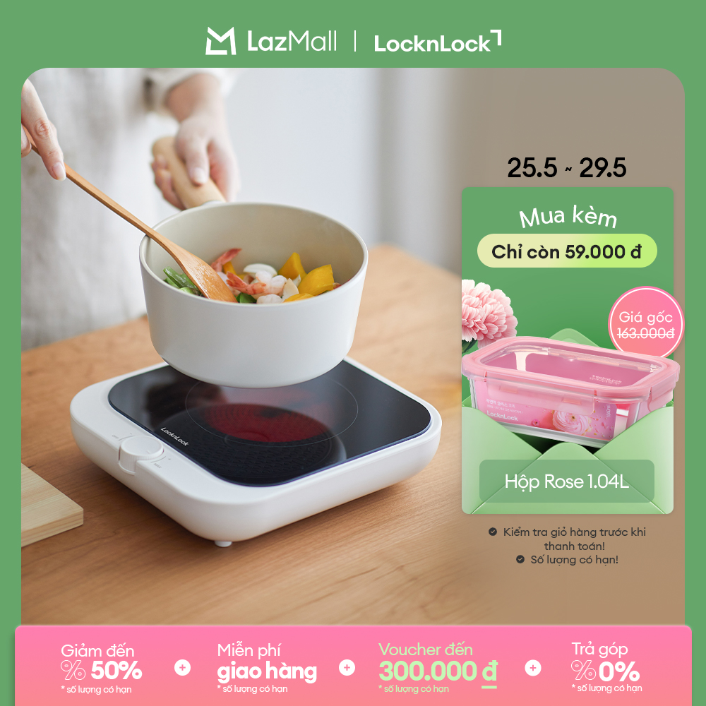 Bếp hồng ngoại mini LockLock Bianco Mini infrared cooker 220V, 50Hz, 1300W - Màu ngà EJI136IVY, hợp nhiều loại nồi