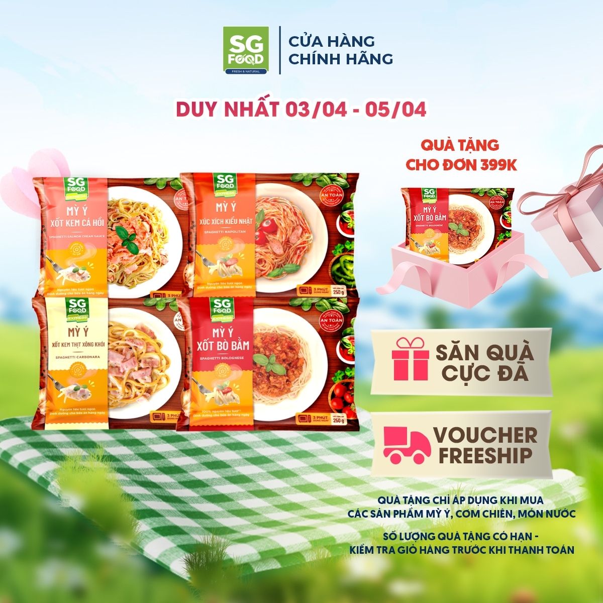 Combo 4 Mỳ Ý SG Food 250g mỳ ý xốt bò bằm, mỳ ý xúc xích, mỳ ý xốt kem thịt xông khói, mỳ ý xốt kem cá hồi