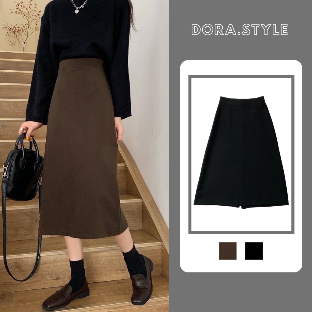 Chân Váy Midi Dora Style Dáng Dài, Xẻ Sau Chất Liệu Tuyết Mưa Vintage