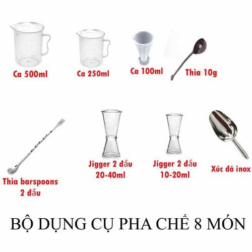 Bộ dụng cụ pha chế 8 món (ca 500-250-100ml, thìa 10g, thìa khuấy hai đầu, jigger 10/20 - 20/40ml, xúc đá inox)