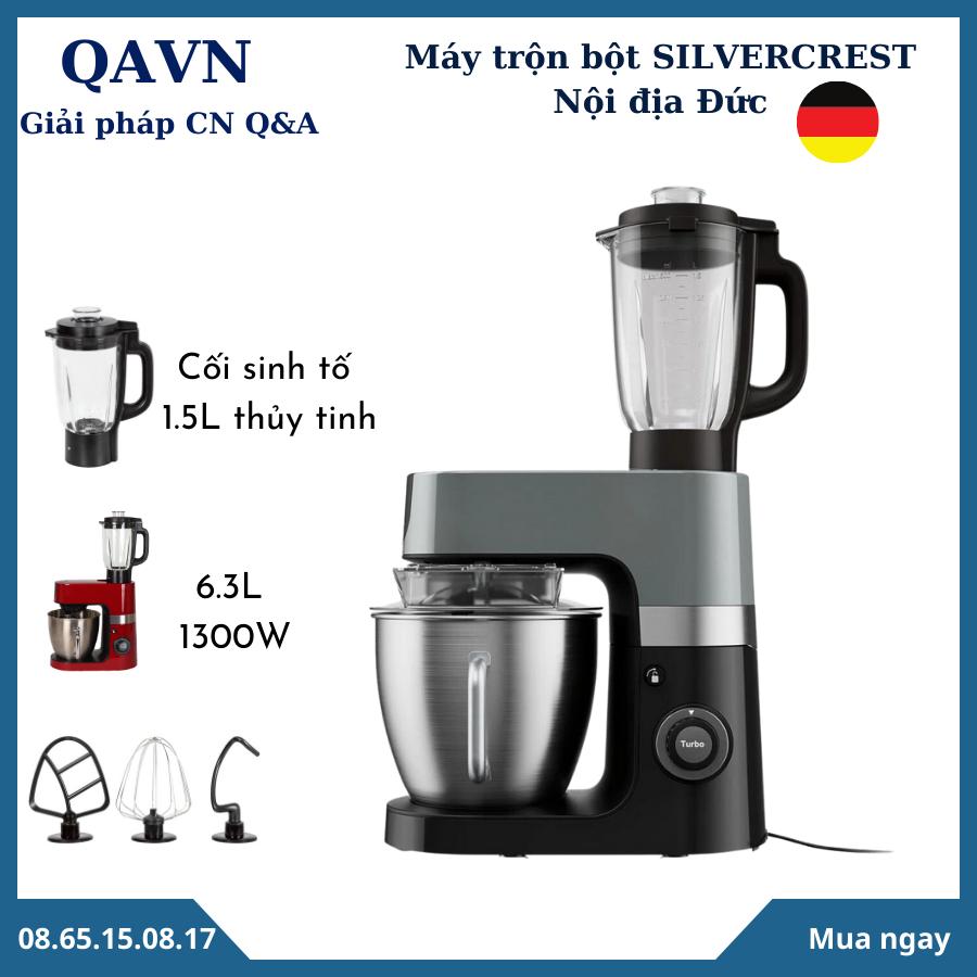 Máy trộn bột silvercrest 1300 d3 - 1300w 6.3l - kèm cối sinh tố - đánh kem, đánh trứng, chạy êm