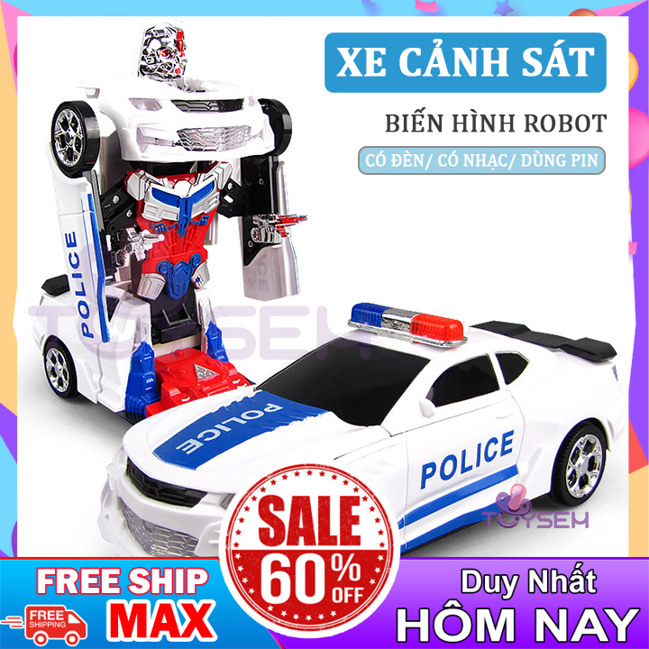 Xe cảnh sát đồ chơi biến hình robot có đèn và nhạc - Xe đồ chơi mô hình