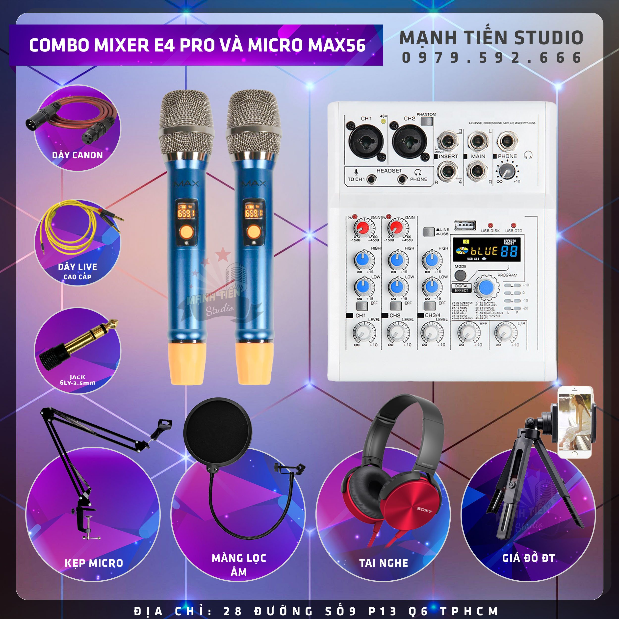 [ Bán Chạy Nhất Tuần ] Combo Mixer E4 Bluetooth Và Micro Max56 Karaoke Thu Âm Livestream Bán Hàng Facebook Tiktok Idol Bigo Siêu Hay Chuẩn Phòng Thu Tặng Kèm Dây Live Chế Jack 6 Ly Kẹp Micro Màng Lọc Âm Thanh Tai Nghe Giá Đõ Điện Thoại Xịn Sò
