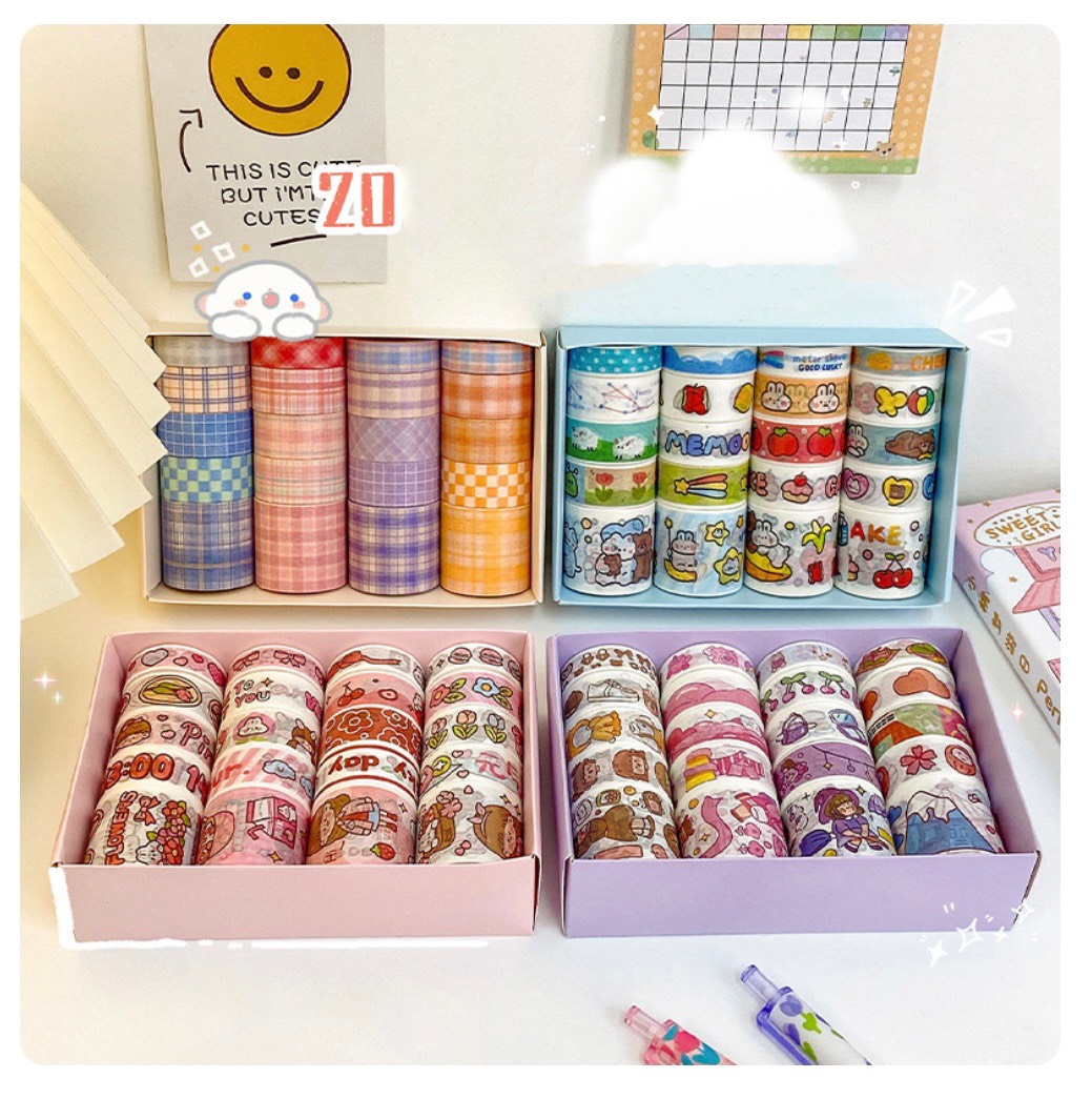 Hộp Washi 20 Cuộn Dán Trang Trí Phụ Kiện, Góc Học Tập (Cuộn 2m)