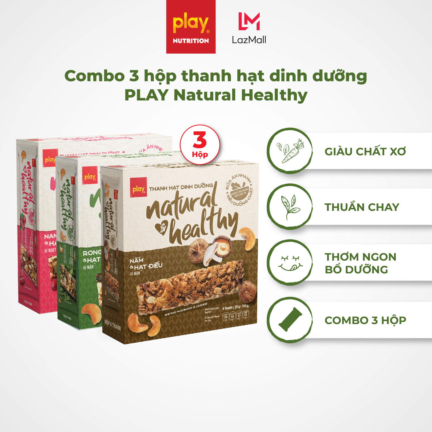 Combo 3 hộp thanh hạt dinh dưỡng PLAY Natural Healthy - Bánh ngũ cốc, bánh ăn kiêng giảm cân