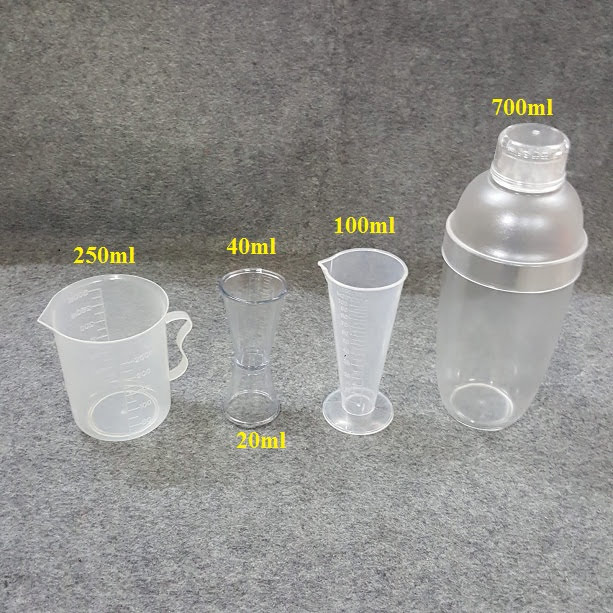 Combo dụng cụ pha chế gồm Bình lắc 700ml, ly đong 100ml, ly đong 2 đầu, ca 250ml