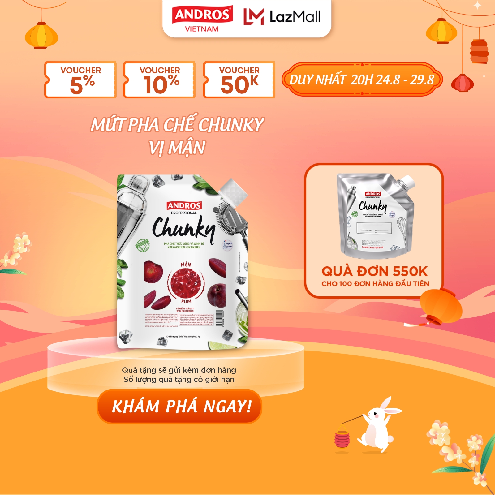 Mứt trái cây pha chế mận - có miếng trái cây thật - nguyên liệu pha chế - andros chunky - 1kg