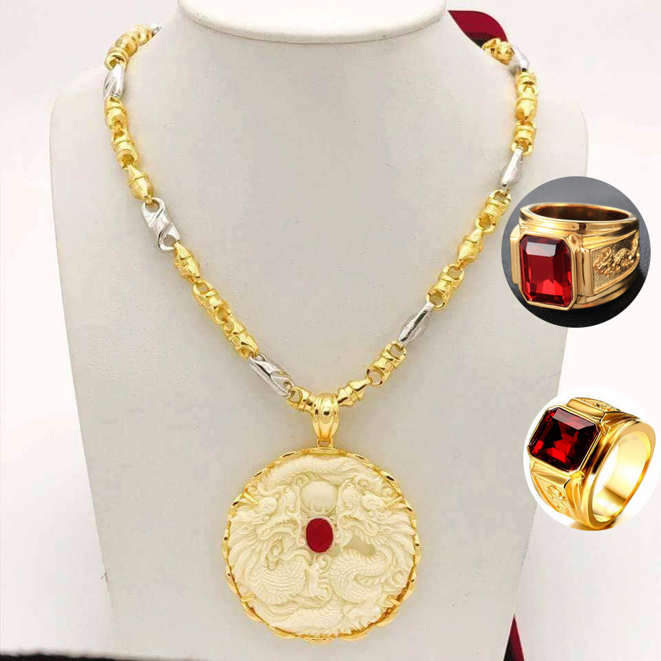 Bộ trang sức 3 món cho nam Dây chuyền + mặt long phụng + nhẫn rồng đính đá đỏ