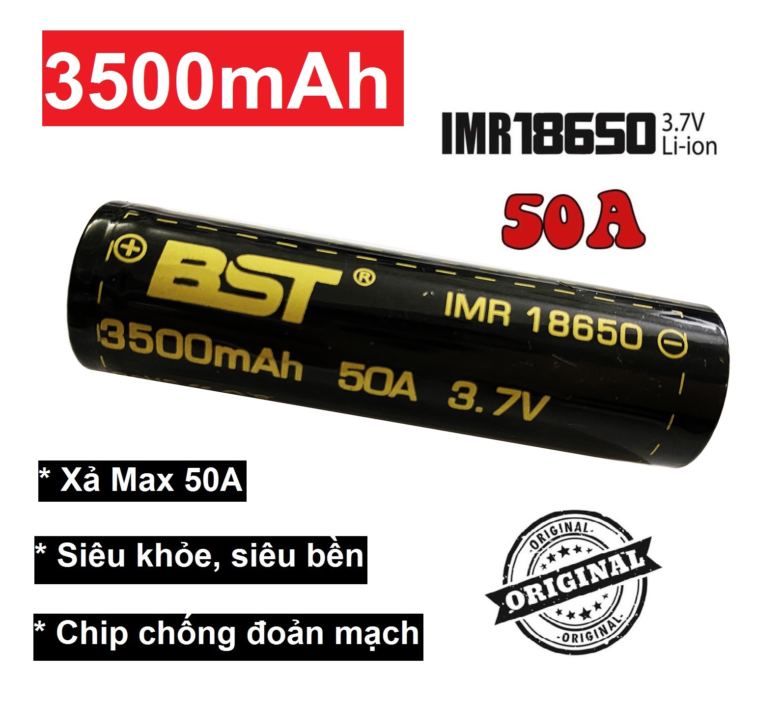 Pin sạc Lithium 18650 BST 3500mAh xả 50A cho box sạc dự phòng, đèn pin, quạt sạc mini, pin máy khoan, pin laptop... các thiết bị công nghiệp khác