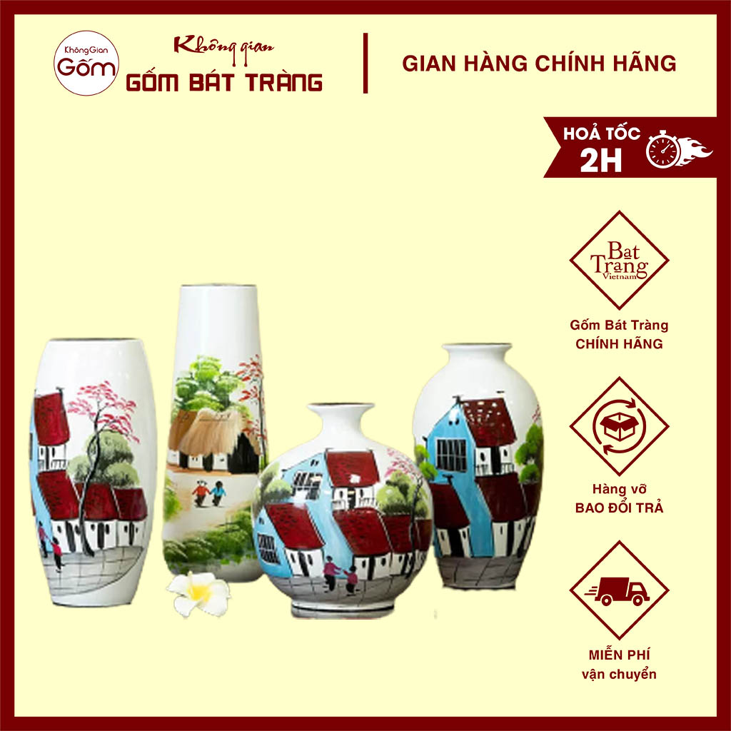 Bình hoa sơn mài Không Gian Gốm Bát Tràng, Lọ hoa gốm sứ cao cấp các dáng vẽ tay