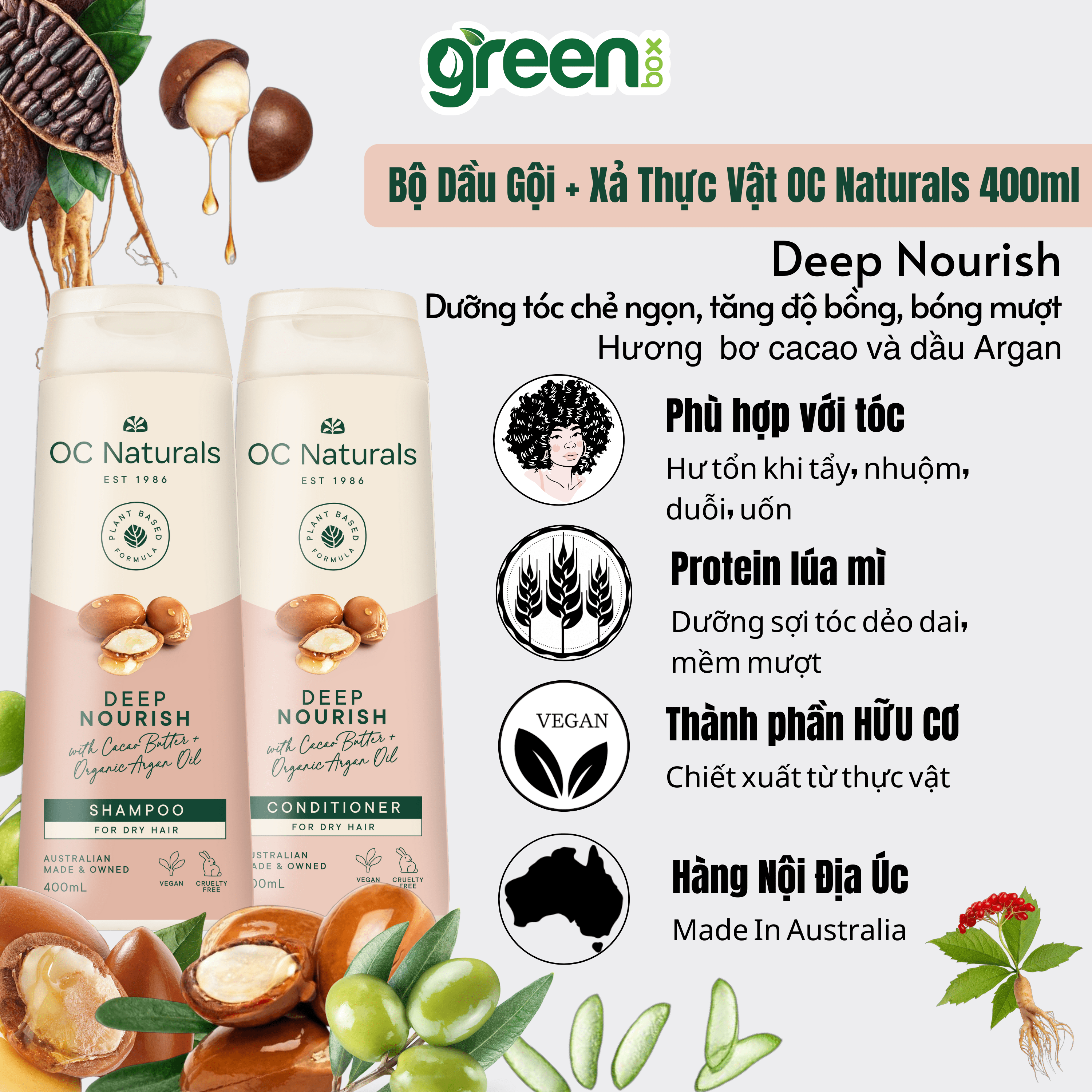 Combo dầu gội & xả dưỡng tóc mềm mượt và phục hồi hư tổn tóc giảm khô xơ gãy rụng oc naturals 400ml