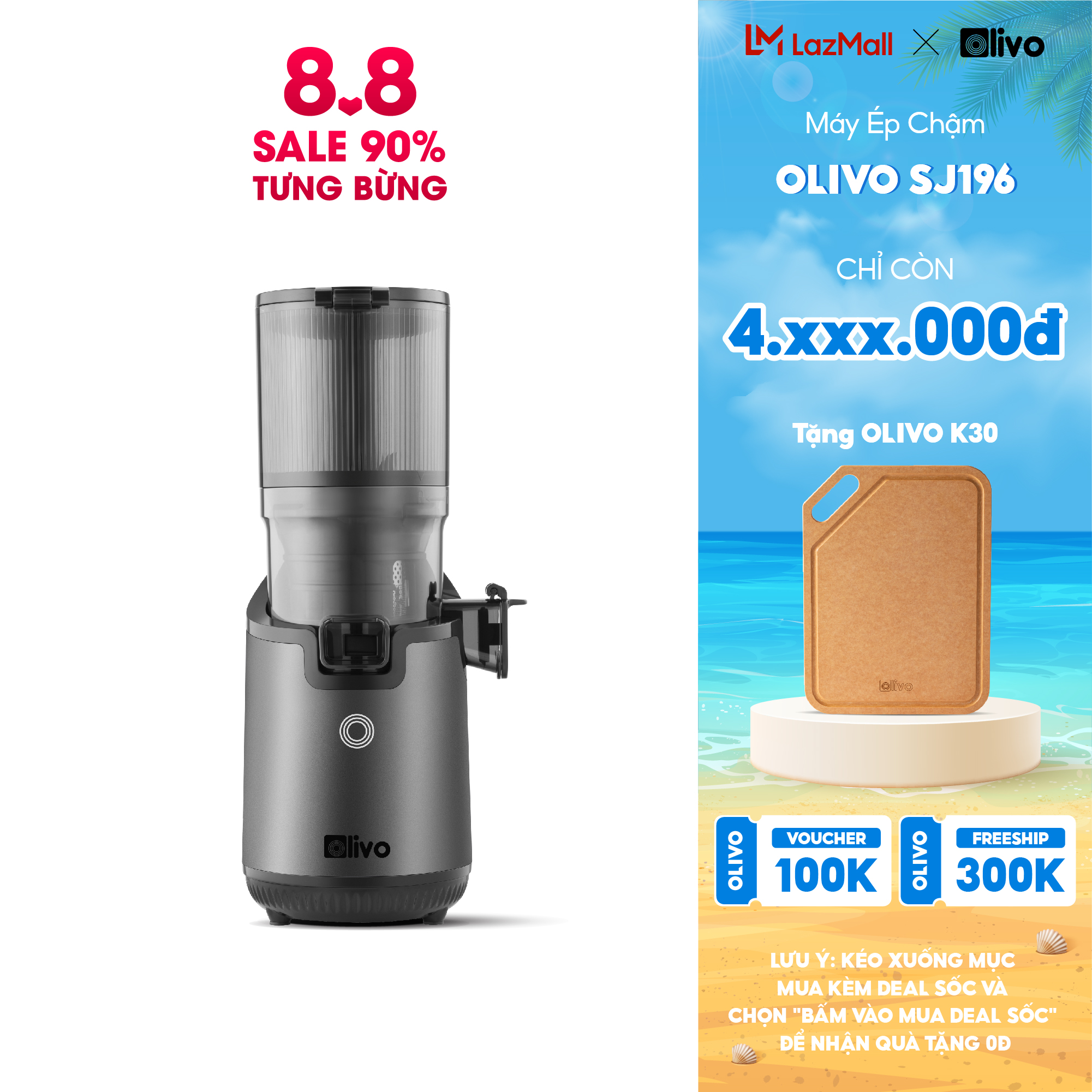 Máy ép chậm olivo sj196 – ống tiếp nguyên liệu lớn 13cm, ép trái cây nguyên quả – động cơ ac cao cấp