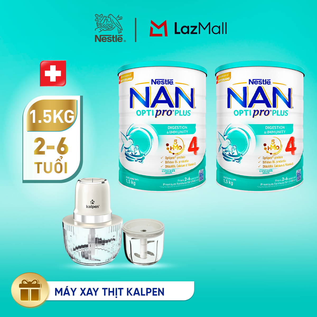 [Máy Xay Thịt Kalpen] Bộ 2 lon Sữa Bột Nestlé NAN OPTIPRO PLUS 4 1500g Cho Bé 2 - 6 Tuổi: Công Thức Độc Quyền Nhập Khẩu Từ Thụy Sỹ Chứa Phức Hợp 5-HMO