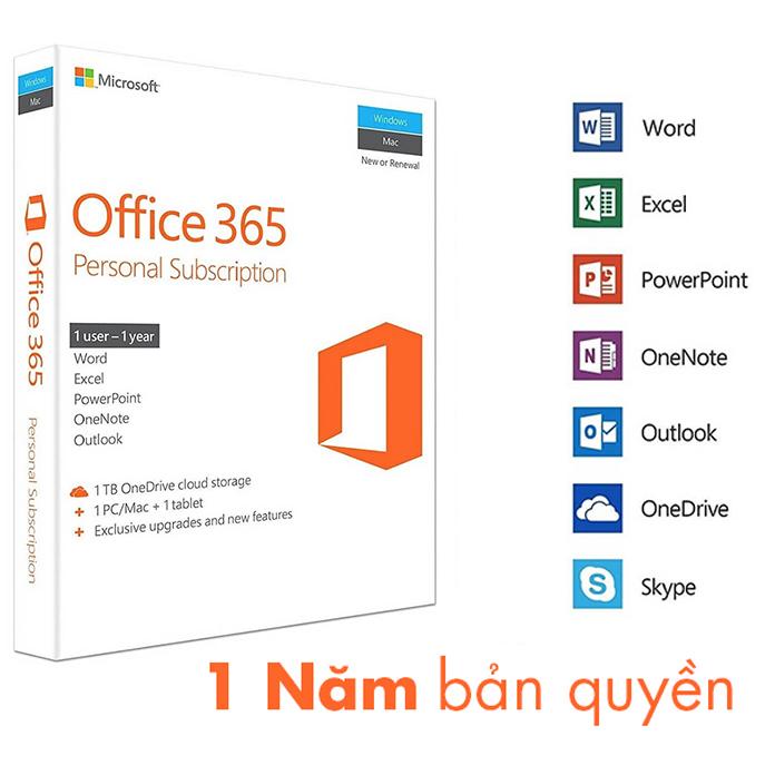 Phần mềm văn phòng Microsoft Office 365 Personal 32/64bit bản quyền 1 năm/ 1 user dùng cho 3 thiết bị Win/Mac, máy tính bảng, điện thoại
