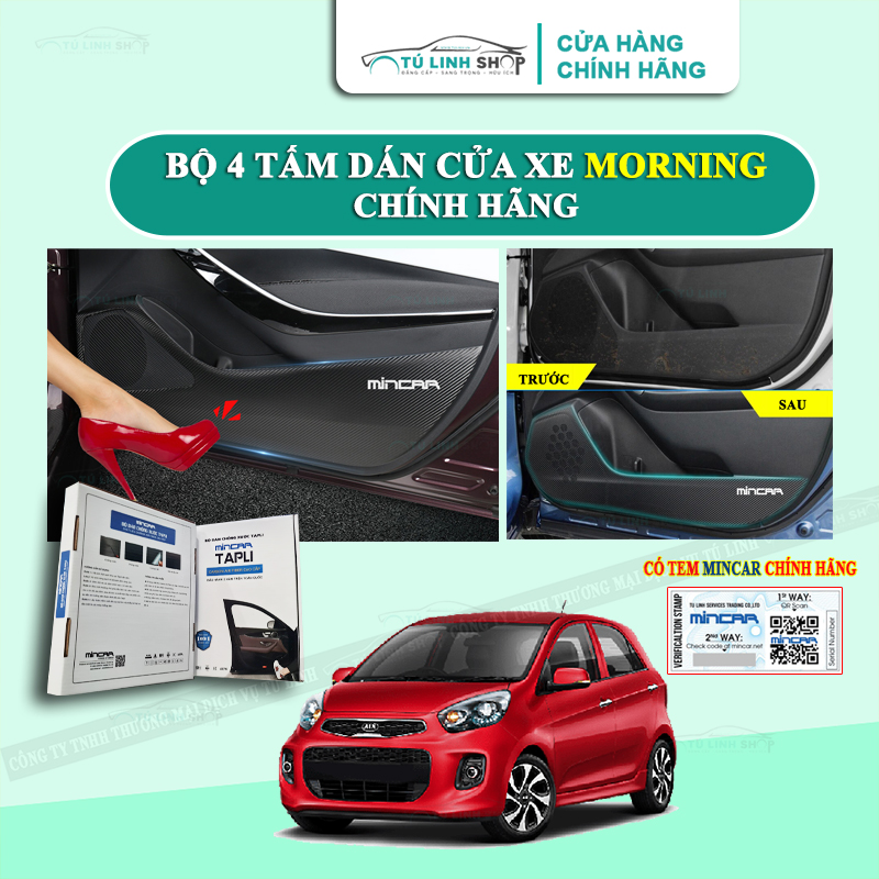 Bộ 4 Tấm dán Tapli xe KIA MORNING chính hãng MINCAR, chống xước tapi cửa ô tô bằng Carbon Air Fiber cao cấp