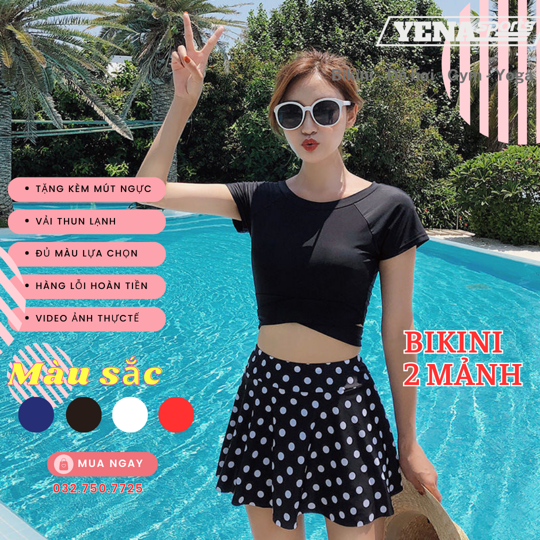 Đồ bơi nữ Bikini 2 mảnh váy chấm bi lót trong quần đùi phong cách hàn quốc đi biển mẫu mới bộ bơi nữ dễ thương chất thun lạnh đẹp co dãn 4 chiều QP006