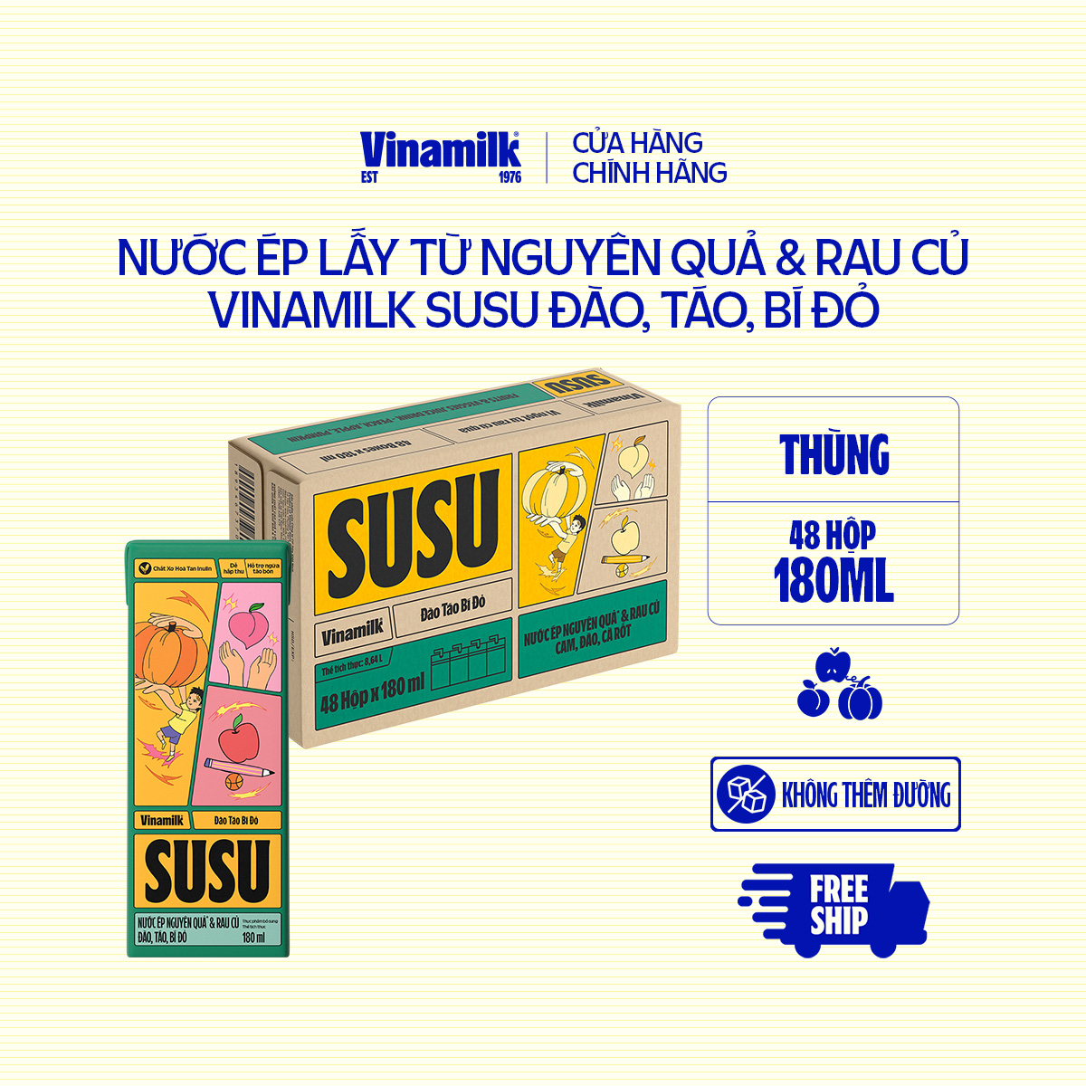Nước ép nguyên quả & rau củ Vinamilk Susu - Đào Táo Bí đỏ - Thùng 48 hộp x 180ml