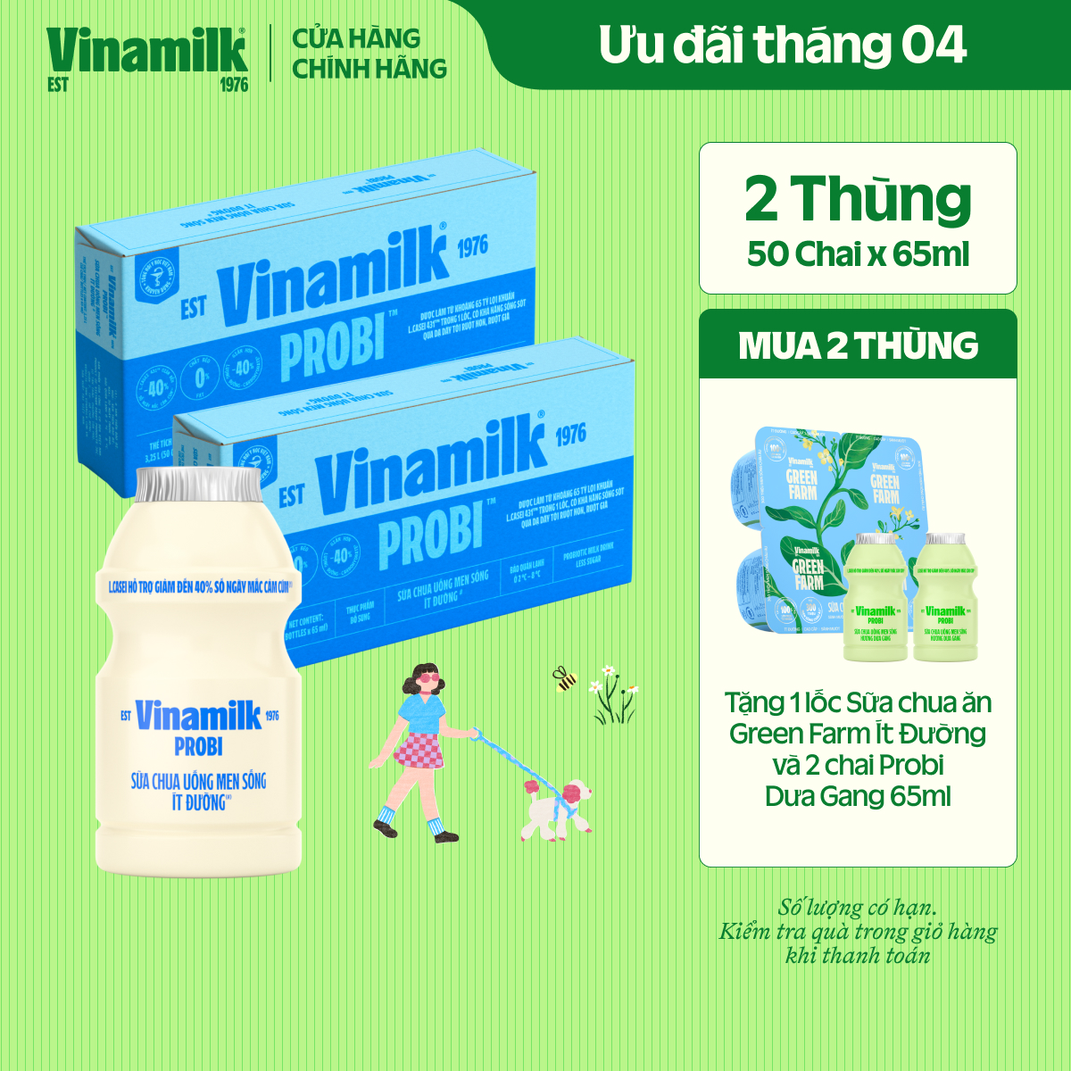 [CHỈ GIAO TRONG 15KM] 2 Thùng Sữa chua uống Probi Ít Đường chai x 65ml - 50 chai/Thùng Yogurt