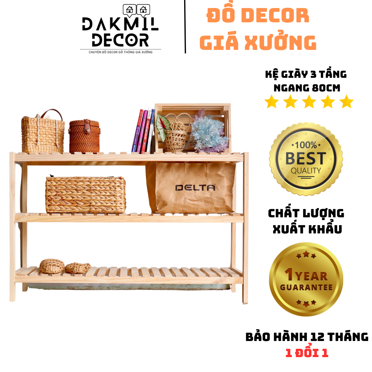 Kệ giày gỗ thông 3 tầng 80cm giá tận xưởng
