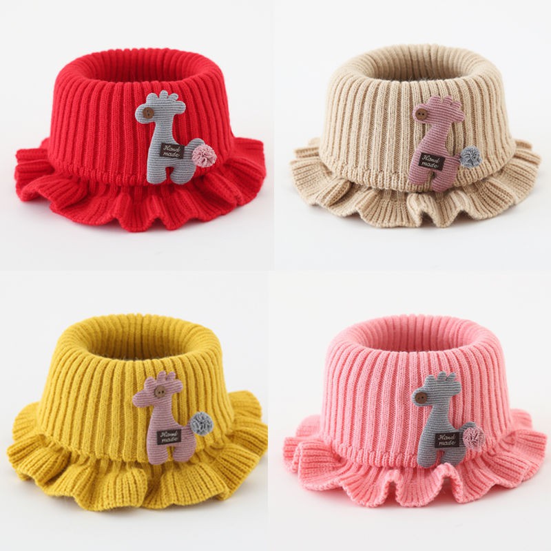 Khăn len ống quàng cổ nhún bèo đính họa tiết xinh xắn cho bé gái