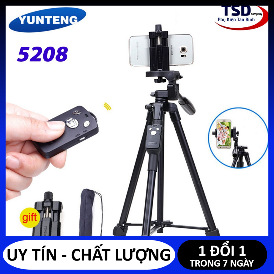 Gậy Chụp Hình Tư Sướng YUNTENG 5208. Gậy Chụp Hình Đa Năng 3 Chân YUNTENG 5208. Gậy chụp hình kiêm chân Tripod YUNTENG 5208, Gậy Tripod 3 Chân Yunteng VCT-5208, Chân chụp ảnh Tripod YunTeng VCT-5208 kèm Remote chụp cho điện thoại