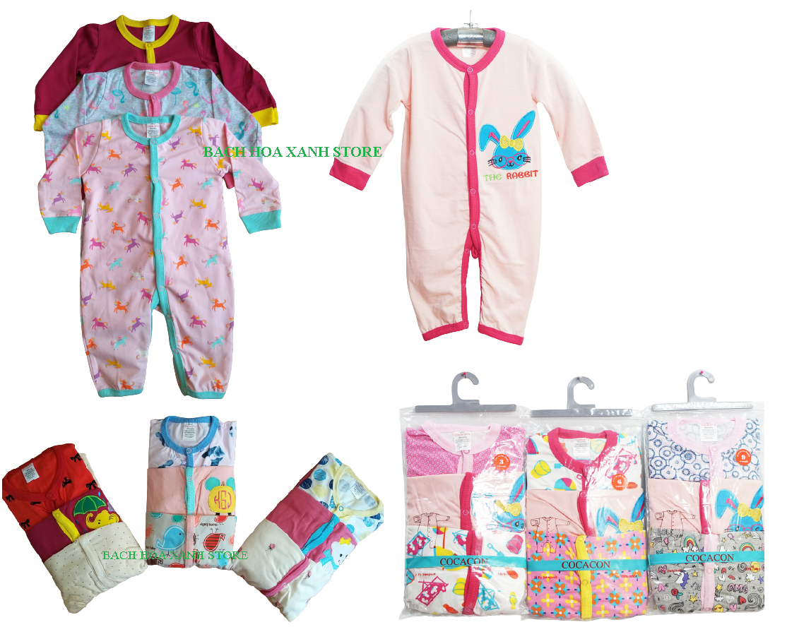 [ GIÁ TỐT HCM] Set 3 Body Tay Dài liền quần cotton Việt Nam cho bé Gái từ 3 tháng - 2 tuổi( Màu ngẫu nhiên ) - Body liền thân dài tay, bodysuit, sleep suit, body cộc tay, body chip, bodychip, body liền thân, body liền quần, body cho bé