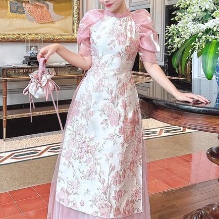Áo dài cách tân nữ Chi Họa tiết nhí Thi Loan Tiệm 90 may sẵn cổ xếp bèo tay bồng lỡ dự tiệc lế tết đẹp AD90033