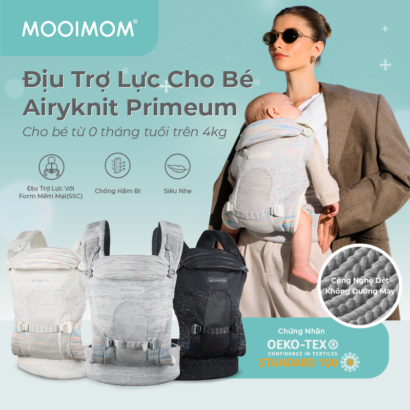 CHÍNH HÃNG Địu Cho Bé MOOIMOM Premium AiryKnit Baby Carrier Cao Cấp Công Nghệ Mới Chứng Chỉ Quốc Tế An Toàn Cho Bé Trợ Lực Siêu Nhẹ Nhẹ và Bền Có Đỡ Cổ Bé MMHS3111