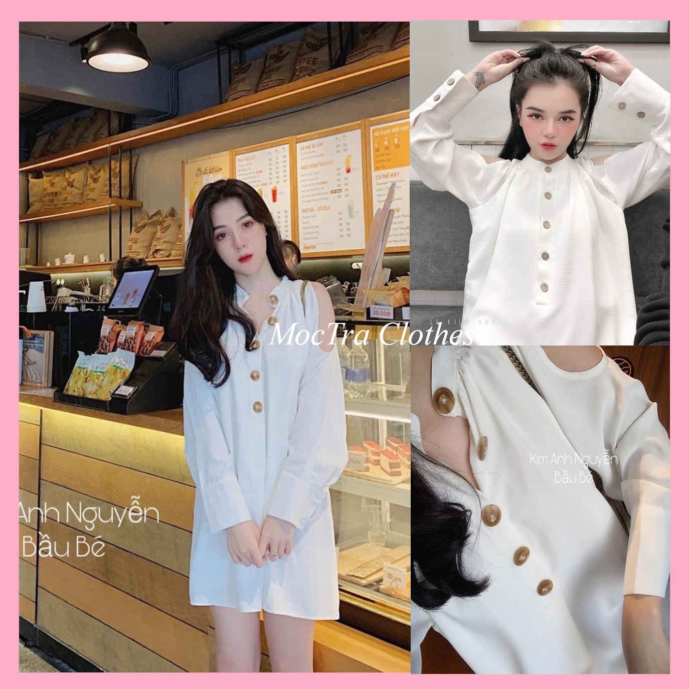 Váy sơ mi trắng hở vai tiểu thư dáng suông rộng trùm mông siêu xinh, Đầm khoét vai trơn dự tiệc dáng thụng đẹp phong cách Hàn