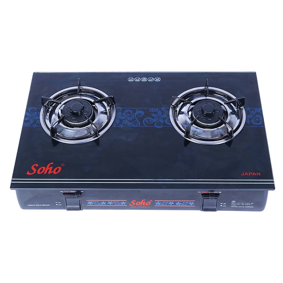 Bếp gas đôi mặt kính ic nút nhấn soho - 688glp, họng bằng inox 304 không hít , sen chia lửa đồng thau nặng