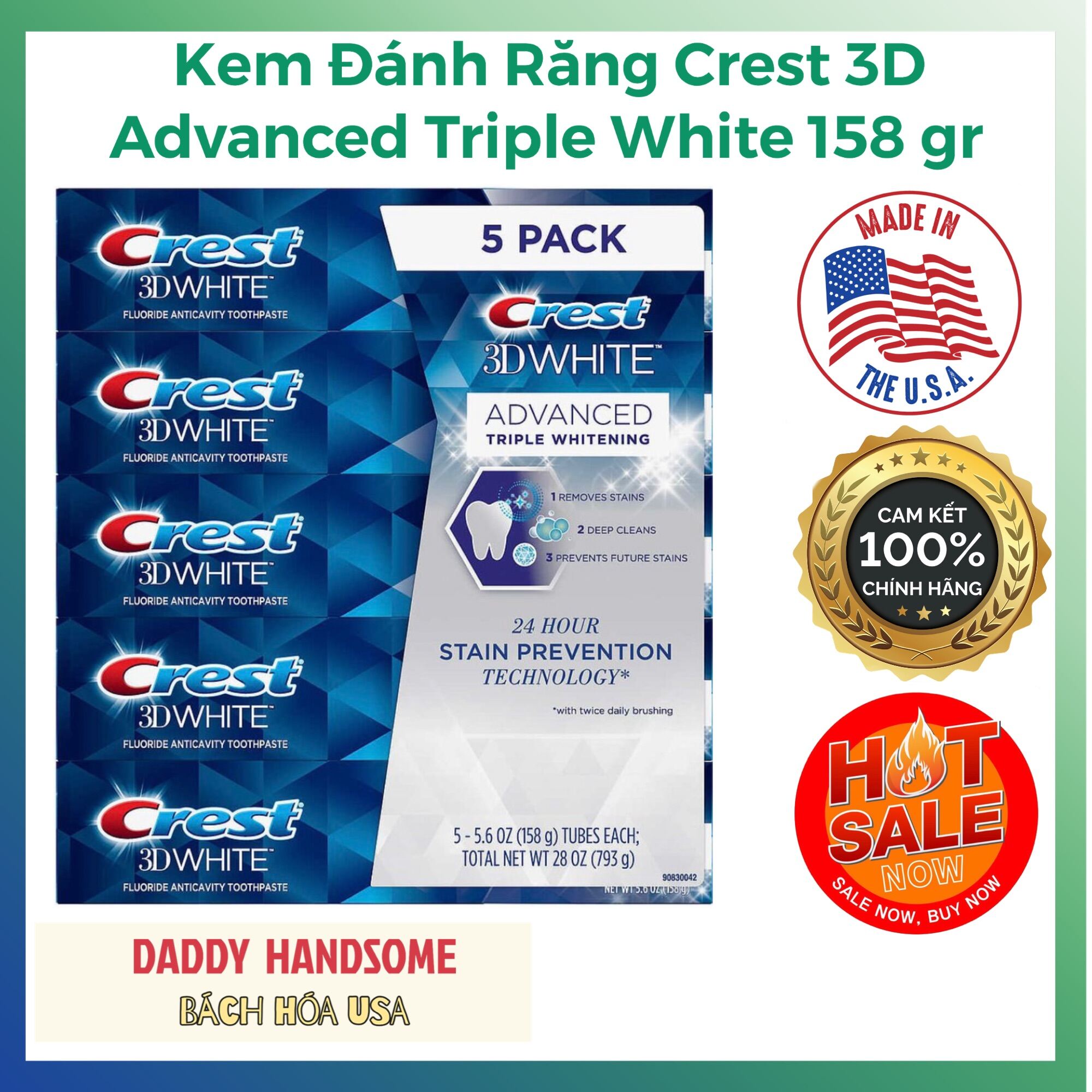 HOÀN TIỀN 15% - Kem Đánh Răng Crest 3D White Advanced 147gr Siêu Trắng Răng Chính Hãng Mỹ