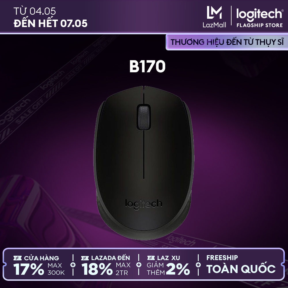 Chuột không dây logitech b170 - đầu thu usb 2.4ghz, pin 1 năm, nhỏ gọn, thiết kế thuận cả 2 tay, phù hợp pc/ laptop