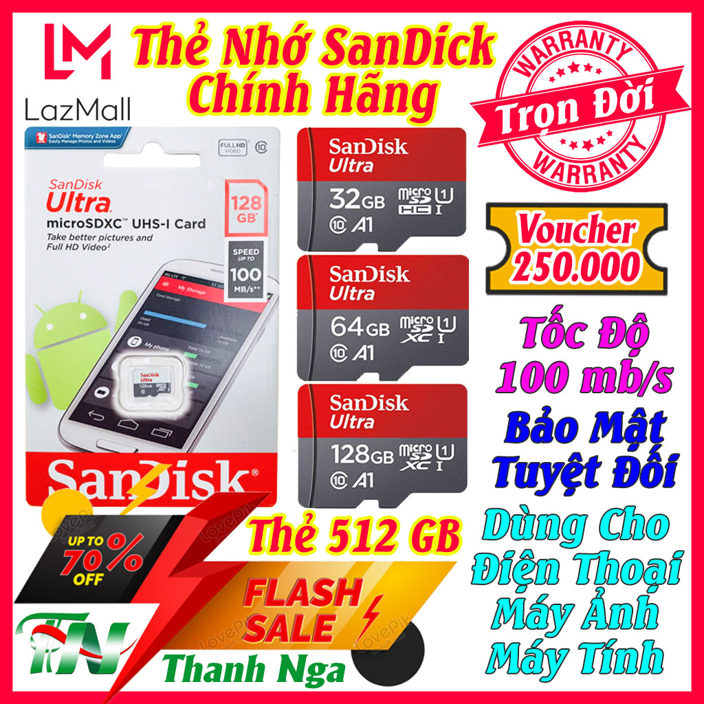 Thẻ Nhớ SANDISK 512GB/256GB/128GB/64GB/32GB Class 10 Tốc Độ Cao Chuyên Dụng Cho Camera Wifi Camera Hành Trình Điện Thoại Thiết Bị Điện Tử