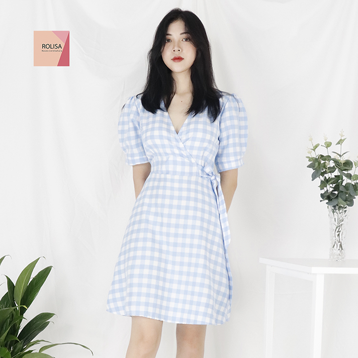 Đầm váy nữ caro cổ chữ V xinh xắn dễ thương Rolisa  RD056