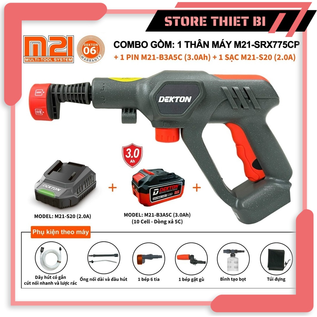 Máy xịt rửa xe dùng pin 21v dekton / m21-srx775cp / béc 6 tia / chân pin phổ thông makita