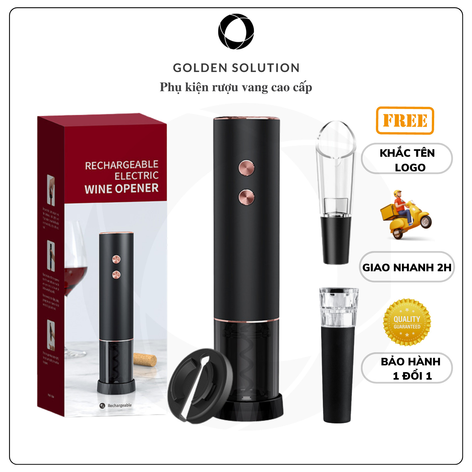 Bộ dụng cụ mở rượu vang tự động, máy khui rượu vang một chạm kèm 4 phụ kiện | Golden Solution