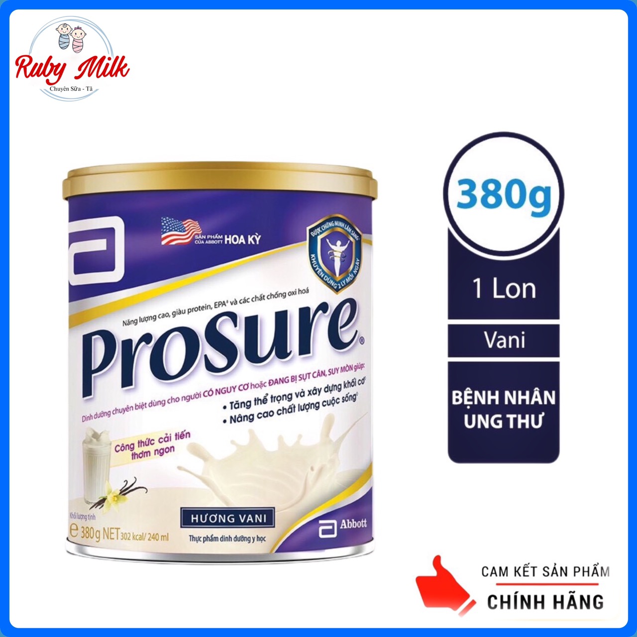 Sữa Bột Prosure Hương Vani Lon 380g - Cho bệnh nhân ung thư