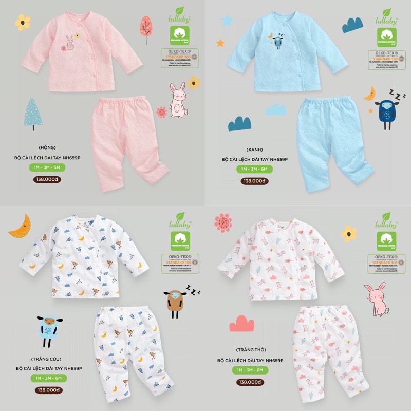 Bộ cài lệch dài tay sơ sinh lullaby họa tiết cho bé nh659p