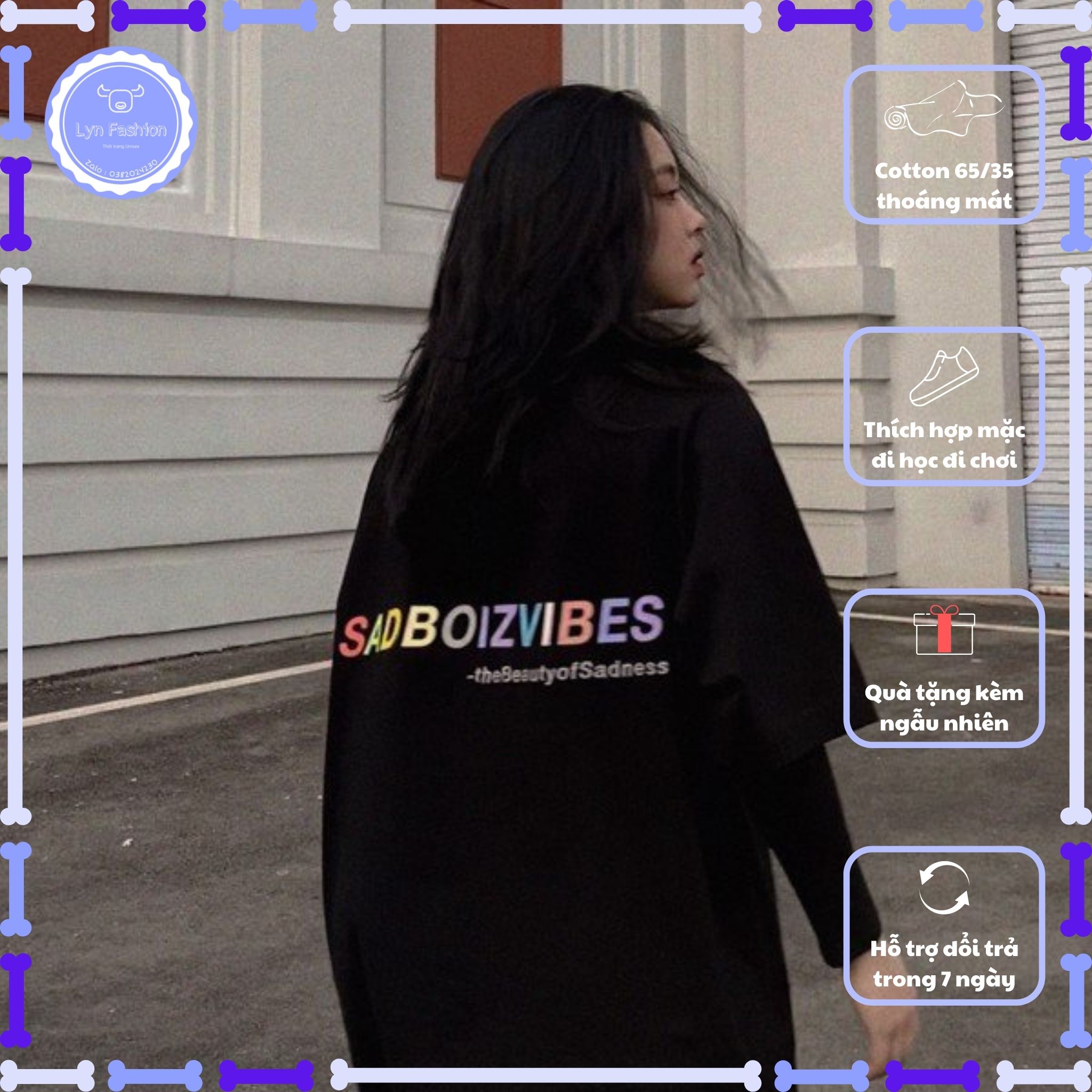 Áo thun nam nữ tay lỡ form rộng unisex Sadboiz Vibes logo thêu cực hot 2021 Lyn Fashion
