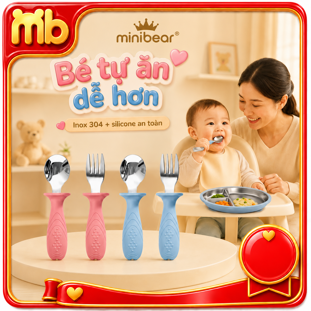 Bộ Muỗng Nĩa Ăn Dặm MiniBear Cho Bé, Thìa Dĩa Tập Ăn Trẻ Em, Dụng Cụ Ăn Cơm Ăn Cháo Cán Silicone
