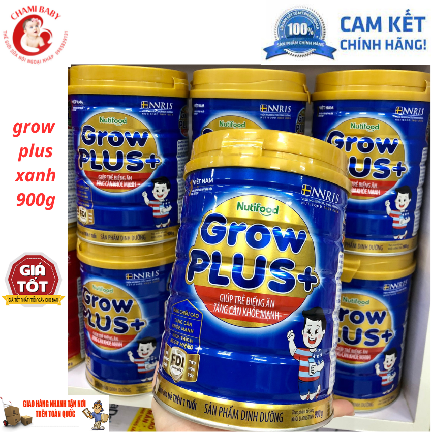 Sữa bột Nutifood Grow plus+ xanh 900g cho trẻ biếng ăn tăng cân khỏe mạnh.