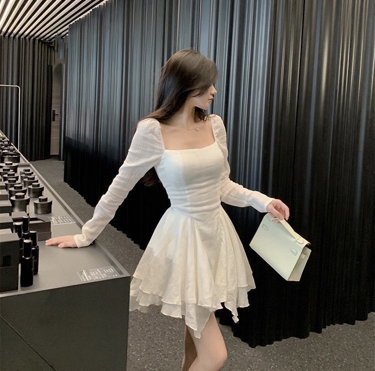 Đầm trắng cổ vuông tay dài chiết eo dáng xòe chất kate không nhăn thời trang nữ thời trang mùa hè