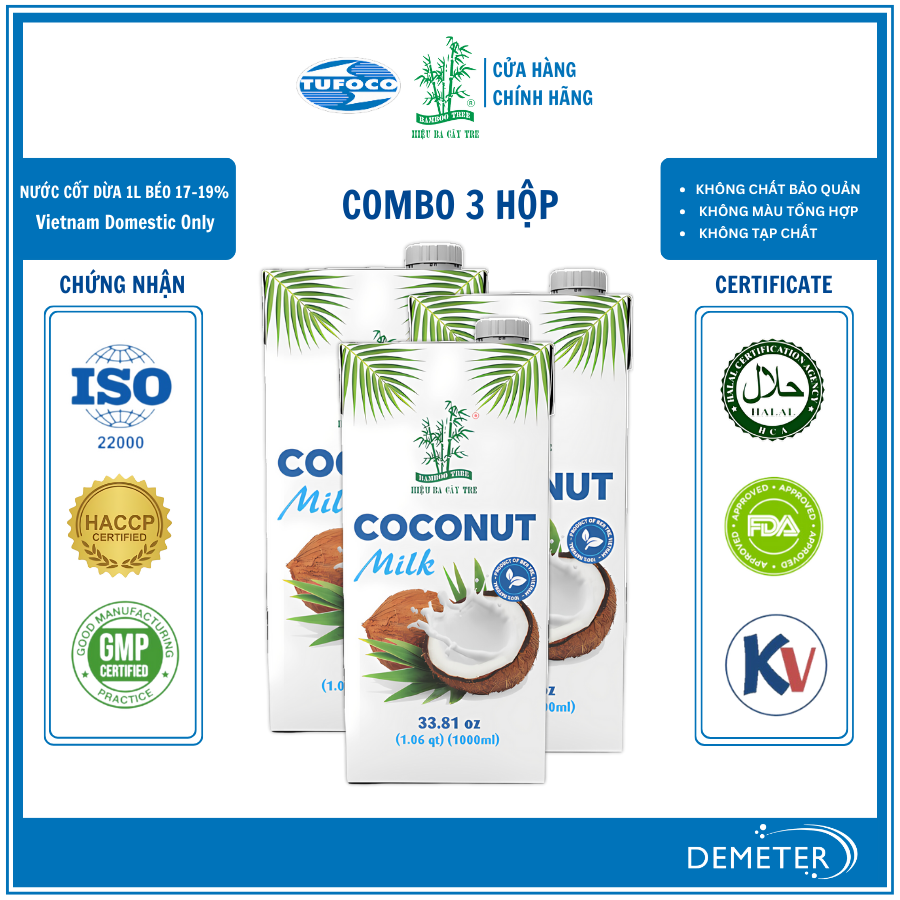 Combo 3 Nước Cốt dừa Ba Cây Tre Milk Béo 17-19% 1 Lít x 3