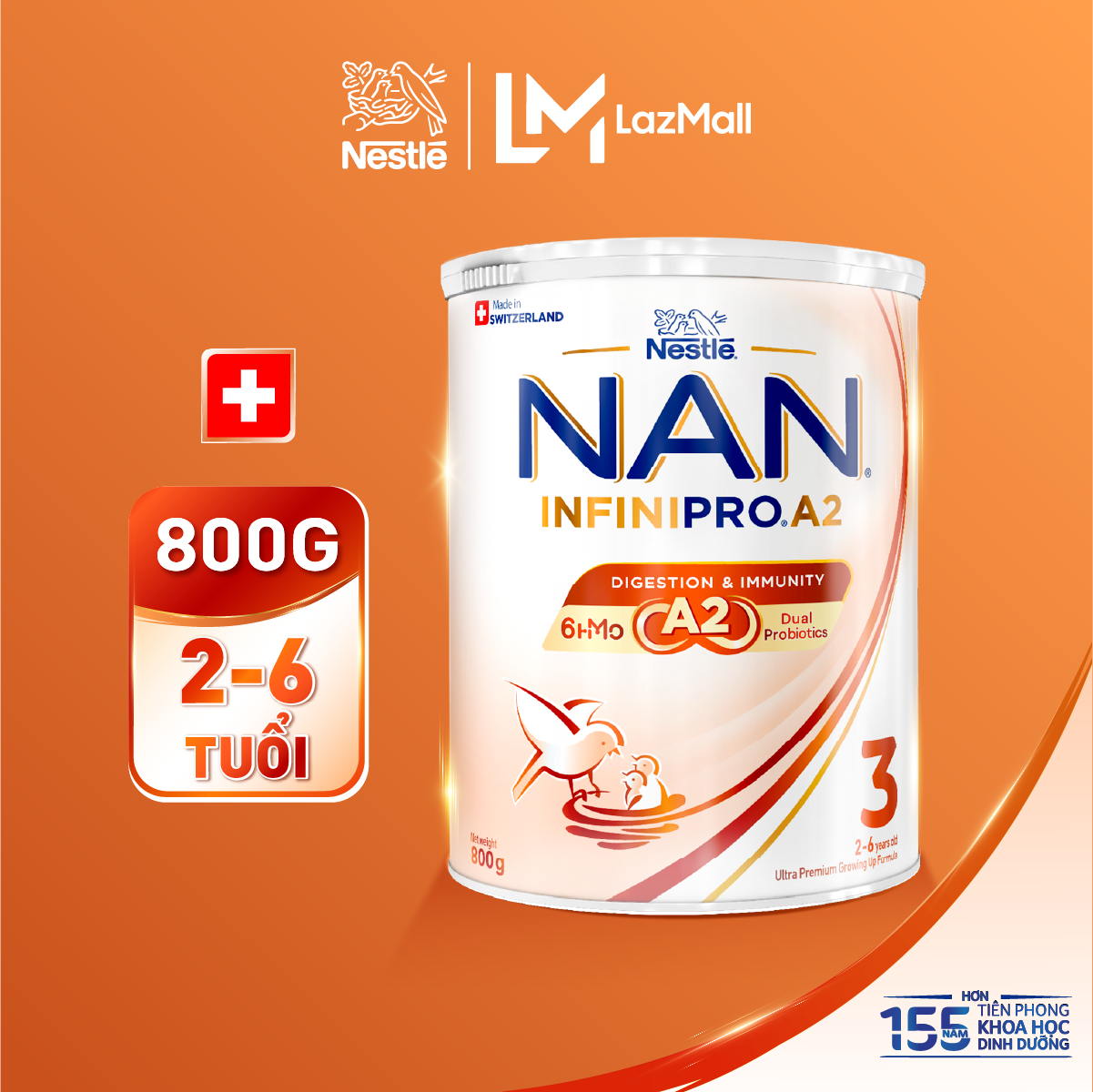 [CHỈ 21.09 QT ĐƠN 599K/999K/1299K] Sữa bột Nestlé NAN INFINIPRO A2 bước 3 800g cho bé 2 - 6 tuổi nhập khẩu Thụy Sĩ với công thức đầu tiên chứa đạm A2 6HMO  Lợi khuẩn kép [Bao bì thay đổi theo từng đợt nhập hàng]